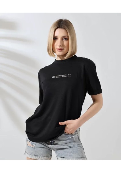 Ipeksi Unisex Bisiklet Yaka Baskılı Slim Fit T-Shirt - Siyah