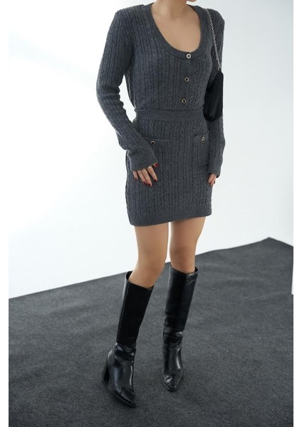 Ipeksi Saç Örgülü Etekli Takım - Antrasit