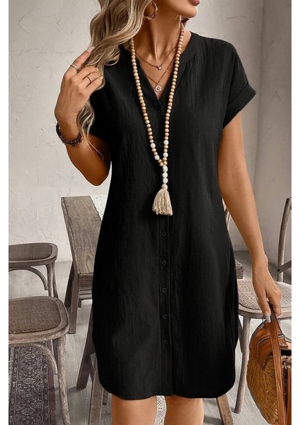 Ipeksi Kadın Kısa Kollu Önden Düğmeli Ithal Keten Elbise indirimleri