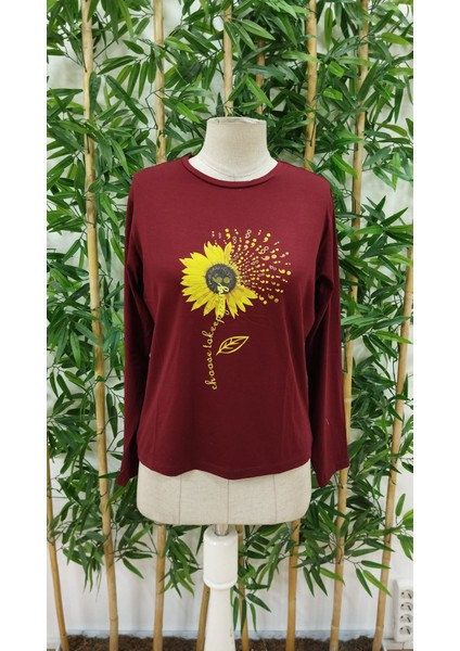 Ipeksi Kadın Uzun Kollu Bisiklet Yaka Ayçiçeği Desenli Viskon Bluz indirimleri