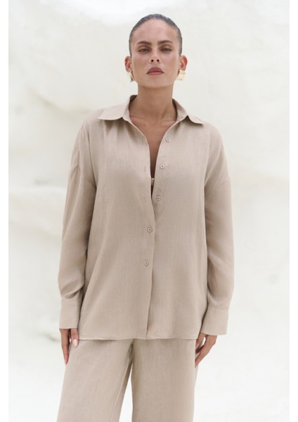 Jelsomina Oversize Bej Keten Gömlek Pantolon Takım modelleri