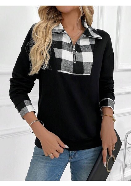 Ipeksi Kadın Uzun Kollu Yakalı Önden Fermuarlı Ekose Detaylı Viskon Iki Iplik Bluz indirimleri