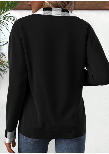 Ipeksi Kadın Uzun Kollu Yakalı Önden Fermuarlı Ekose Detaylı Viskon Iki Iplik Bluz