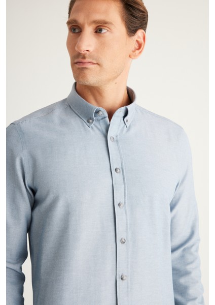 Erkek Gri Düğmeli Yaka Kolay Ütülenebilir Pamuklu Slim Fit Dar Kesim Oxford Gömlek