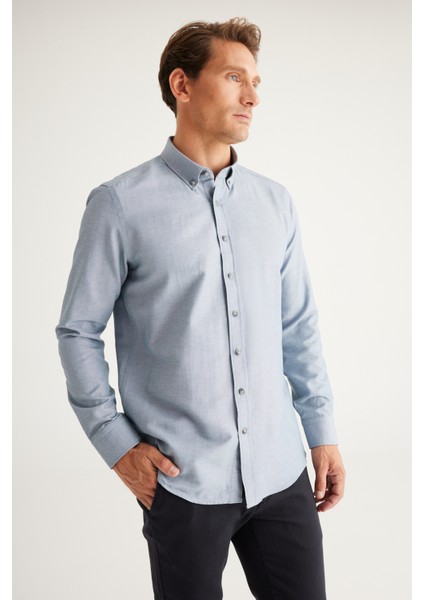 Erkek Gri Düğmeli Yaka Kolay Ütülenebilir Pamuklu Slim Fit Dar Kesim Oxford Gömlek