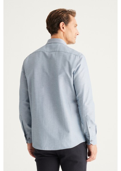 Erkek Gri Düğmeli Yaka Kolay Ütülenebilir Pamuklu Slim Fit Dar Kesim Oxford Gömlek