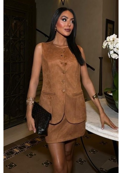 Ipeksi Yelek ve Mini Etekli Içi Astarlı Süet Takım 9998