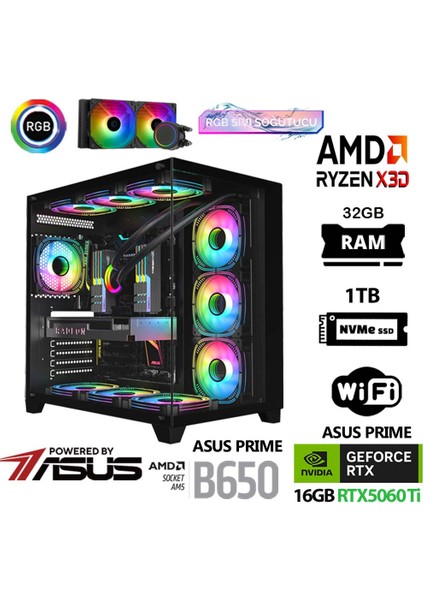 Prime Ryzen 7 7800X3D 32GB Ddr5 Ram 1tb M.2 Nvme SSD 16GB RTX5060 Ti Sıvı Soğutmalı Masaüstü Oyuncu Bilgisayarı