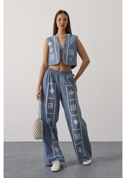 Ipeksi Baskılı Önü Bağlamalı Yelekli Takım - Indigo