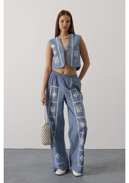 Ipeksi Baskılı Önü Bağlamalı Yelekli Takım - Indigo modelleri