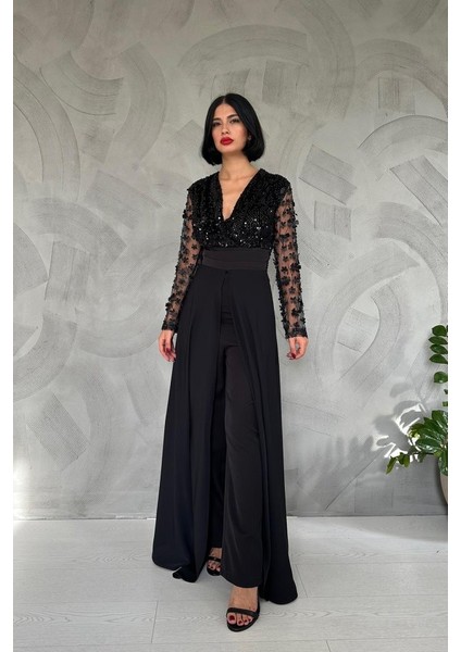 Ipeksi Siyah Kolları Tül Etekli Tulum