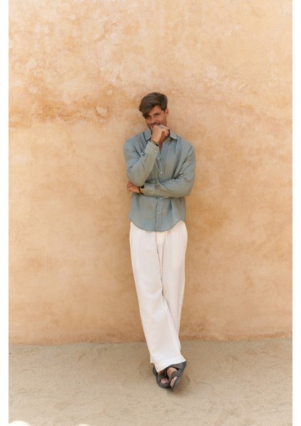 Agnola Oversize Erkek Mint Keten Gömlek