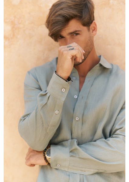 Agnola Oversize Erkek Mint Keten Gömlek