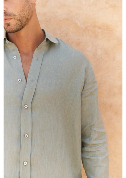 Agnola Oversize Erkek Mint Keten Gömlek