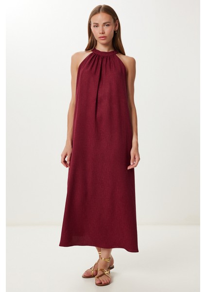 Halter Yaka Yazlık Uzun Elbise LFG0011 Bordo