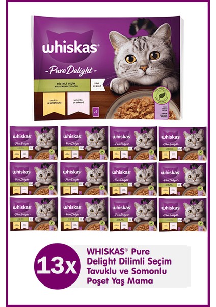 Pure Delight Dilimli Seçim Tavuklu ve Somonlu Yaş Mama 4X85 gr (13 Adet)