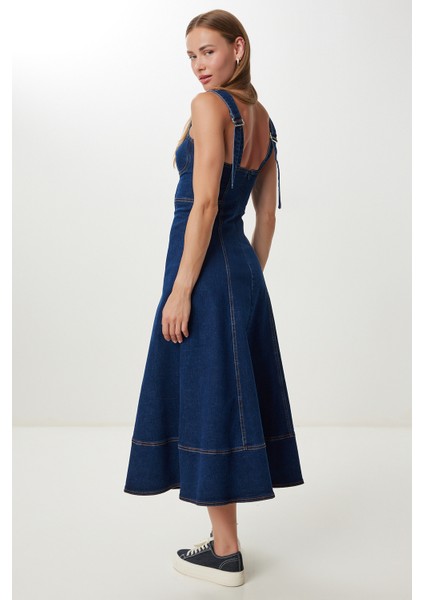 Kalın Askılı Midi Denim Elbise LFG0037 Koyu Mavi fırsatları