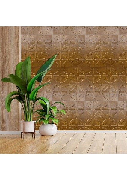 3 Boyutlu Duvar Paneli Kabartmalı Geometrik Yuvarlak Desen Pvc 41X41 Cm/ 6 Adet /1 M² Altın Meşe