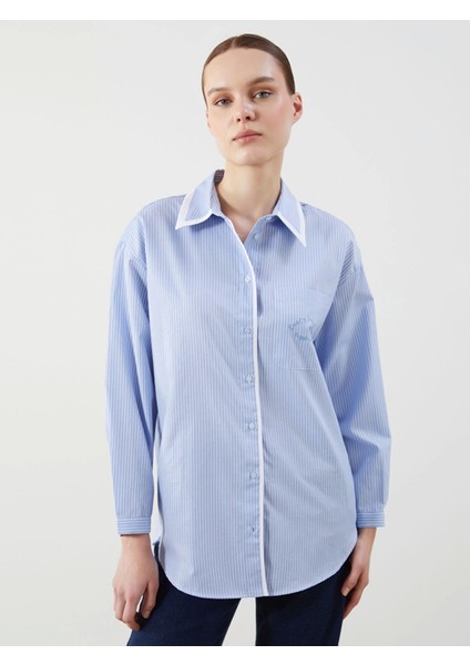 Lcw Modest Ekru Çizgili Oversize Poplin Kadın Gömlek Tunik