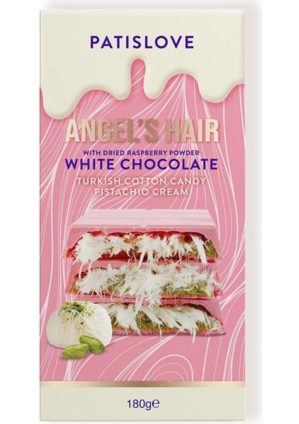 Patislove Antep Fıstığı Kremalı ve Pişmaniye Dolgulu Frambuaz Tozlu Beyaz Çikolata, 180G