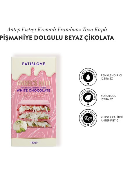 Patislove Antep Fıstığı Kremalı ve Pişmaniye Dolgulu Frambuaz Tozlu Beyaz Çikolata, 180G fiyatları