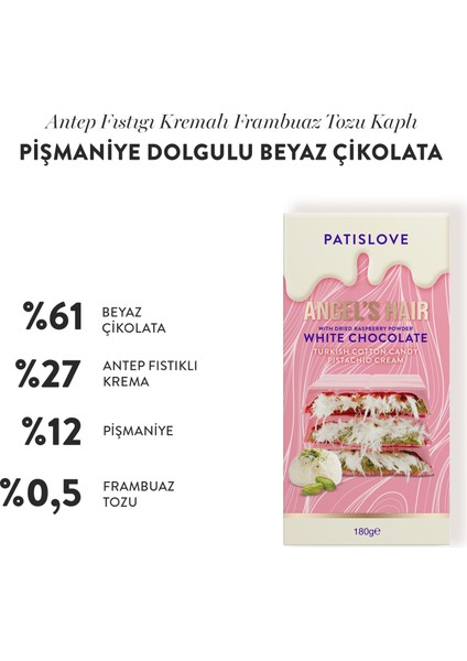 Patislove Antep Fıstığı Kremalı ve Pişmaniye Dolgulu Frambuaz Tozlu Beyaz Çikolata, 180G modelleri
