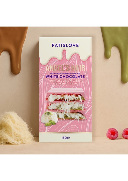Patislove Antep Fıstığı Kremalı ve Pişmaniye Dolgulu Frambuaz Tozlu Beyaz Çikolata, 180G indirimleri