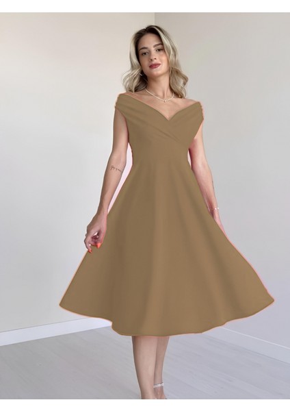 Ipeksi Kadın Kısa Kollu Kruvaze Yaka Eteği Volanlı Krep Elbise