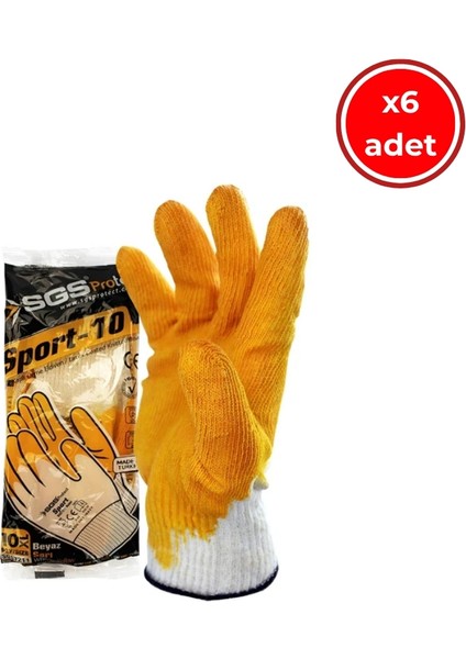 Sport-10 Eldiven, 6 Adet, Latex Kaplı, 10XL, Beyaz-Sarı