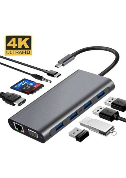 FC09 Macbook Uyumlu Type-C to 4K 1080p HD HDMI 1000 Mbps Ethernet RJ45 PD Sd Kart 2* USB 3.0 VGA 8IN1 Çevirici Hub Adaptör