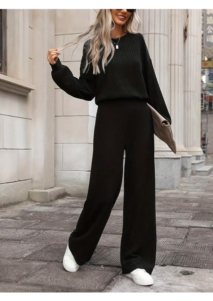 Ipeksi Kadın Uzun Kollu Bisiklet Yaka Şardonlu Dalgıç Bluz ve Pantolon Ikili Takım