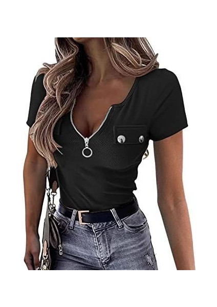 Ipeksi Kadın Kısa Kollu Fermuarlı Cep Detay Kaşkorse Bluz fırsatları