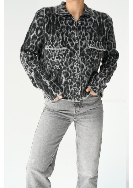 Ipeksi Leopar Desen Jakarlı Hırka - Siyah-Açık Gri
