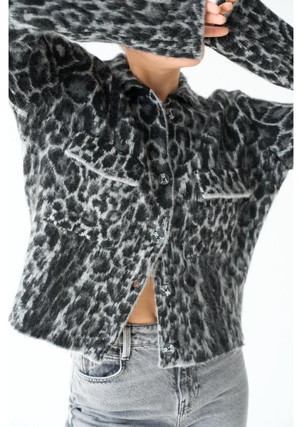 Ipeksi Leopar Desen Jakarlı Hırka - Siyah-Açık Gri