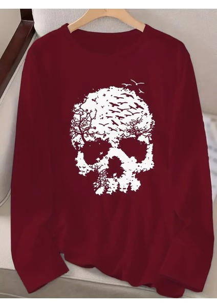 Ipeksi Kadın Uzun Kollu Bisiklet Yaka Kurukafa Desenli Viskon Bluz modelleri