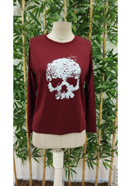 Ipeksi Kadın Uzun Kollu Bisiklet Yaka Kurukafa Desenli Viskon Bluz