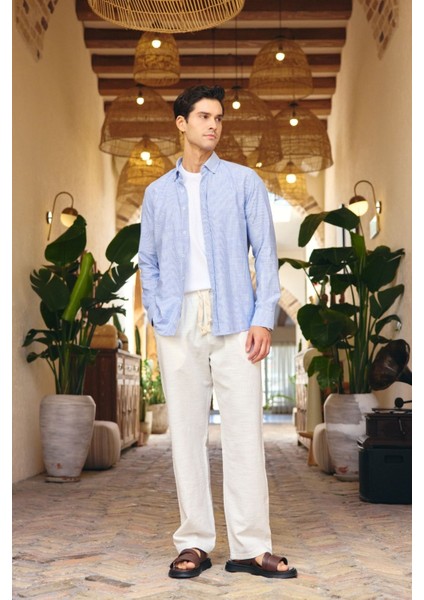 Kure Erkek Gömlek Modern Slim Fit Keten Görünümlü Ince ve Sık Çizgili Doku fırsatları