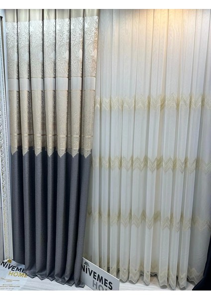 Nivemeshome Milas 671539 Koyu Gri-Krem 1/3 Sık Pileli Fon Perde Apm