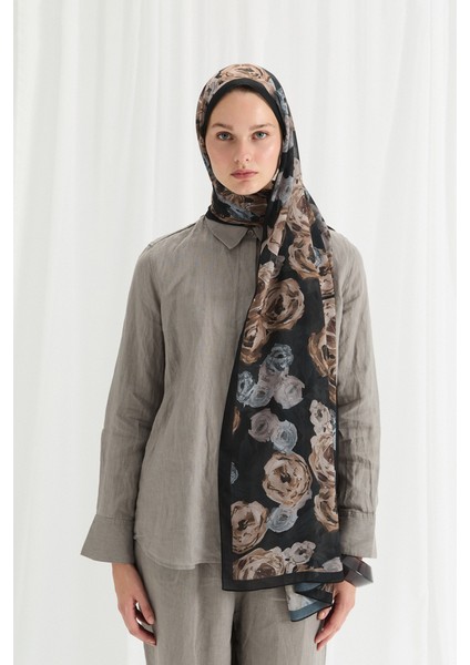 Valeria Ipek Krep Şal - Siyah-Bej