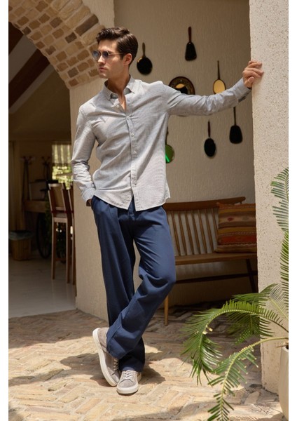 Kure Erkek Gömlek Modern Slim Fit Keten Görünümlü Ince ve Sık Çizgili Doku modelleri