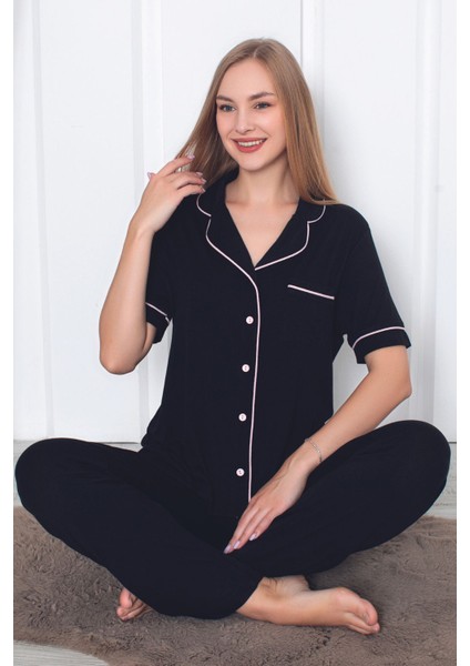 Kadın Mor Kısa Kollu Önden Düğmeli Cepli Biyeli Likralı Pijama Takımı
