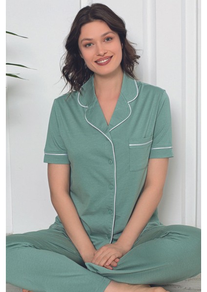 Kadın Mor Kısa Kollu Önden Düğmeli Cepli Biyeli Likralı Pijama Takımı
