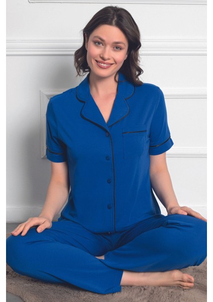 Kadın Mor Kısa Kollu Önden Düğmeli Cepli Biyeli Likralı Pijama Takımı