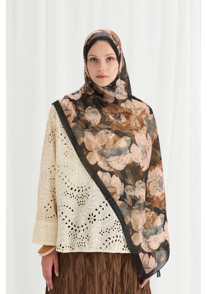 Aura Ipek Krep Şal - Siyah-Bej