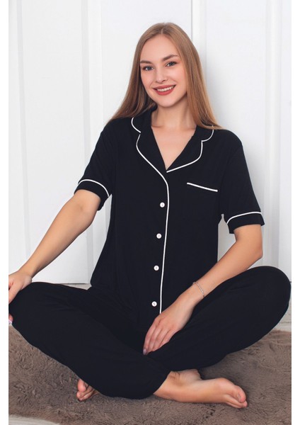 Kadın Mor Kısa Kollu Önden Düğmeli Cepli Biyeli Likralı Pijama Takımı