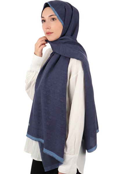 Koyu Lacivert Monogram Desen Ipek Pamuk Şal