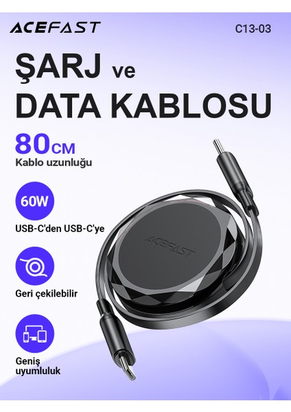 USB-C to USB-C Makaralı Kablo 60W Güç 0.8 Metre PPS 2.0 - Super Hızlı Şarj - Apple Uyumlu Type-C Şarj Data Kablosu - C13-03 (Acefast Türkiye Garantili)