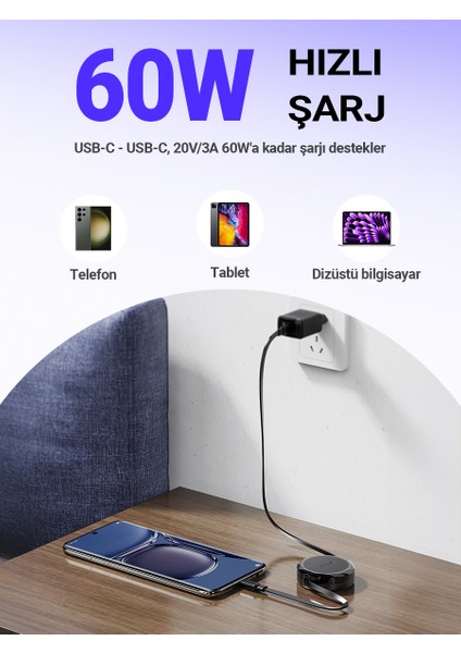 USB-C to USB-C Makaralı Kablo 60W Güç 0.8 Metre PPS 2.0 - Super Hızlı Şarj - Apple Uyumlu Type-C Şarj Data Kablosu - C13-03 (Acefast Türkiye Garantili)