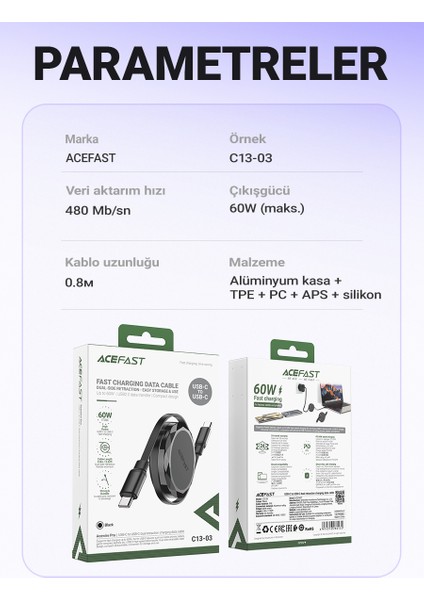 USB-C to USB-C Makaralı Kablo 60W Güç 0.8 Metre PPS 2.0 - Super Hızlı Şarj - Apple Uyumlu Type-C Şarj Data Kablosu - C13-03 (Acefast Türkiye Garantili)