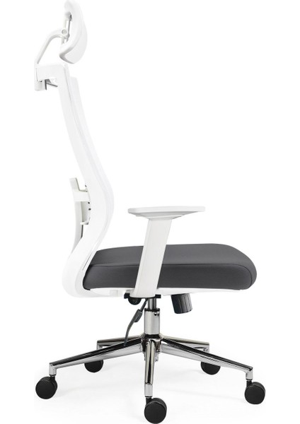 Vintage Beyaz Çalışma Sandalyesi | Ofis Koltuğu | Yönetici Koltuğu | Açık Gri File Antrasit Kumaş